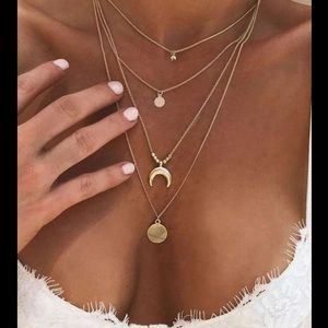 Boho gold half moon & disc charm layered necklace